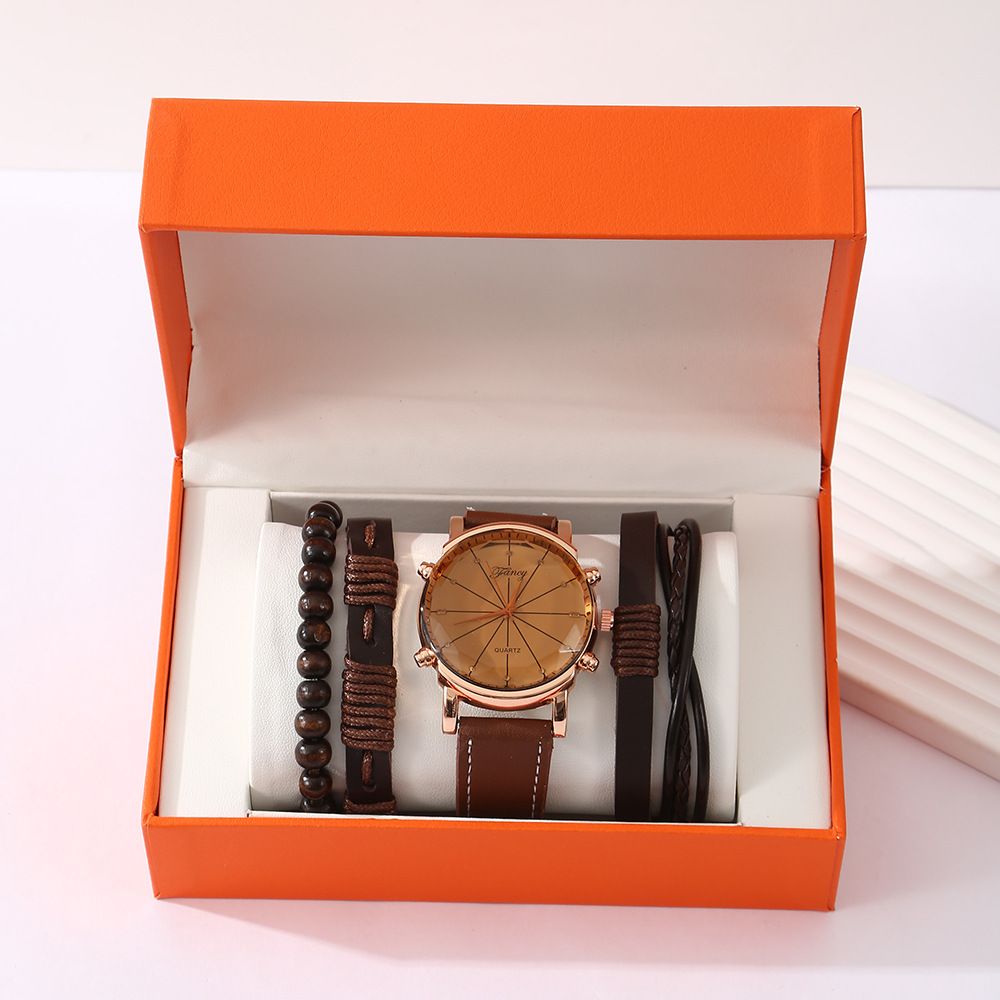 Men’s Vintage Quartz Watch 5‑Piece Gift Set, Leather Wrist Watch with 3 Braided Bracelets, Complete Orange Gift Box, Practical Father's Day Gifts for Dad Husband
