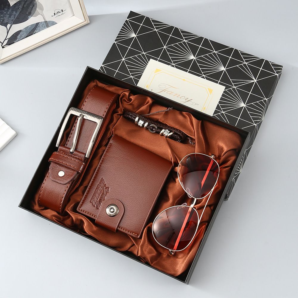 Men’s 4‑Piece Gift Set, Wallet + Belt + Sunglasses + Braided Bracelet, Premium Gift Box, Practical Father's Day Gifts for Dad Husband, Coffee