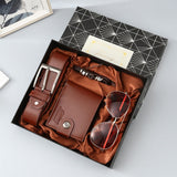 Men’s 4‑Piece Gift Set, Wallet + Belt + Sunglasses + Braided Bracelet, Premium Gift Box, Practical Father's Day Gifts for Dad Husband, Coffee