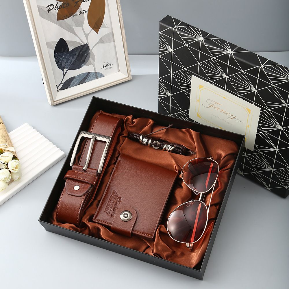 Men’s 4‑Piece Gift Set, Wallet + Belt + Sunglasses + Braided Bracelet, Premium Gift Box, Practical Father's Day Gifts for Dad Husband, Coffee