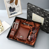 Men’s 4‑Piece Gift Set, Wallet + Belt + Sunglasses + Braided Bracelet, Premium Gift Box, Practical Father's Day Gifts for Dad Husband, Coffee