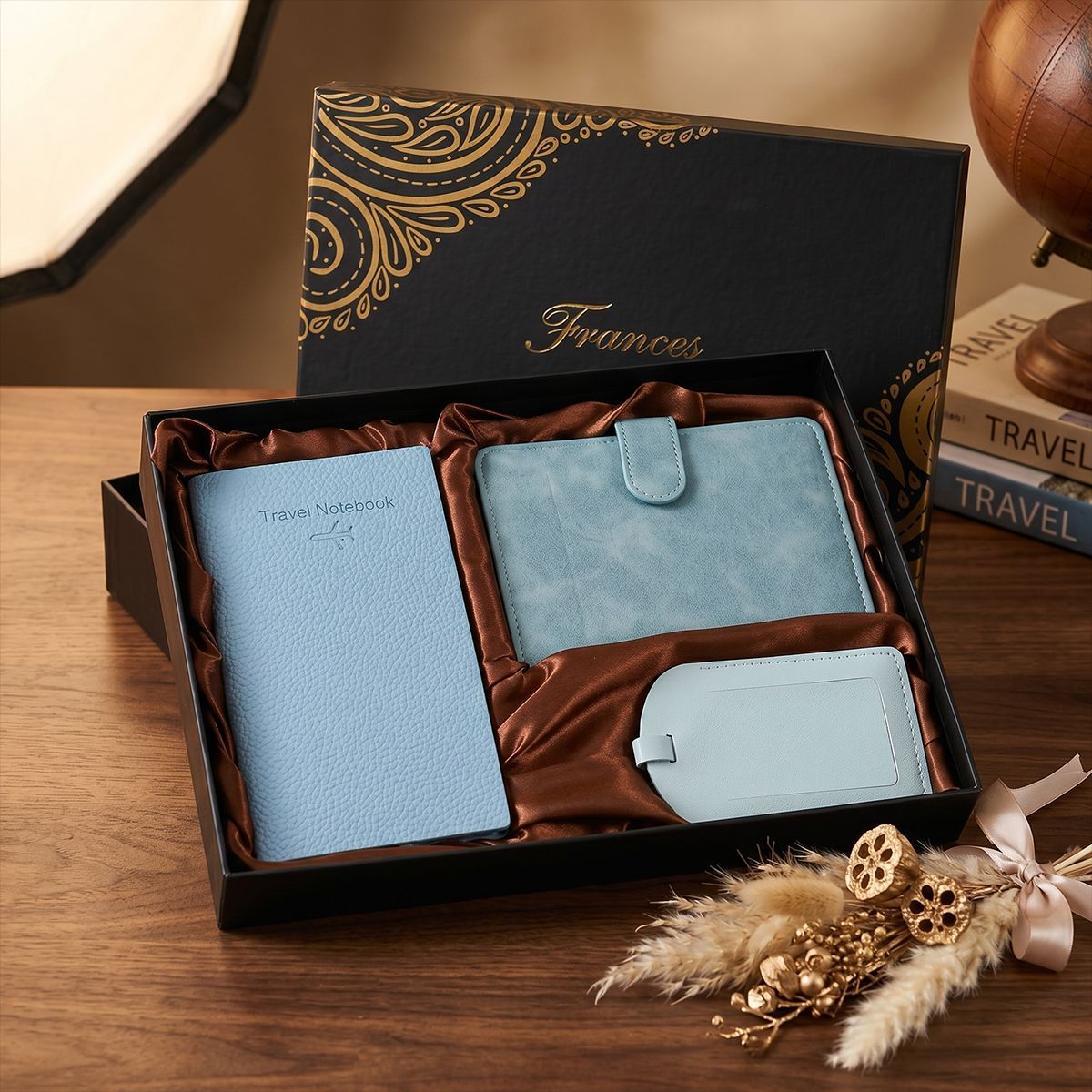 Blue Travel Gift Set, Passport Cover + Notebook + Luggage Tag, Premium Gift Box, Ideal Father's Day & Christmas Present for Men