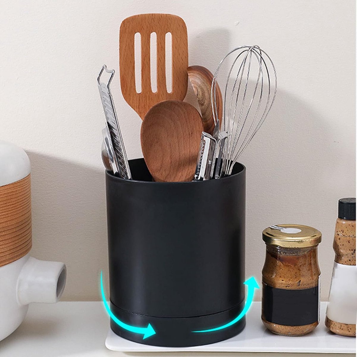 Kitchen utensil holder, large countertop kitchen utensil holder, 360-degree rotating simple chopsticks basket, kitchen cutlery holder with compartment design for home (black)