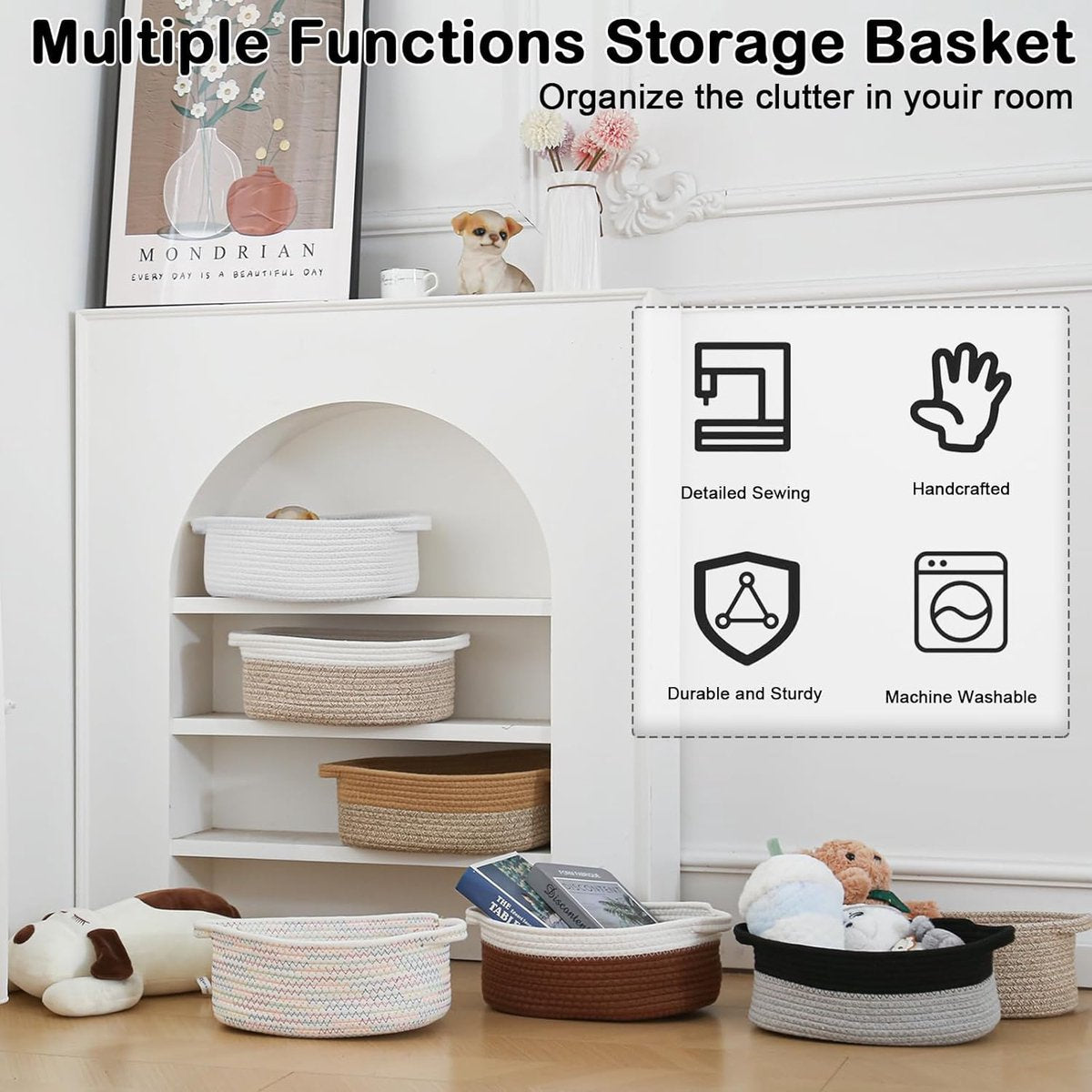 Gift basket with gift bag and ribbons - Small woven rope storage shelf - Empty gift baskets - Decorative storage box for birthday party for cat, dog, pet with handles (white)