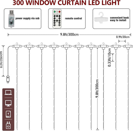 Curtain lights, Christmas lights - 300 LEDs, 8 light modes, copper string lights with remote control, USB powered and waterproof for Christmas, bedroom, party, wedding, home, garden, wall decorations, cool blue
