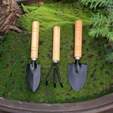 3-Piece Garden Tool Set - Wooden Handle Design - Garden Trowel, Rake and Soil Shovel - For Pots and Plants