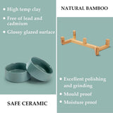 Cat Litter Box - Dog Bowl - Ceramic Food Bowl Set for Cat and Dog - With Wooden Base, Modern and Cute Design, Weighted and Non-Slip - Suitable for food and water - Suitable for cats, small dogs, and puppies (Capacity: 390 ml / Diameter: 13 cm)