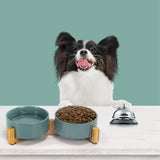 Cat Litter Box - Dog Bowl - Ceramic Food Bowl Set for Cat and Dog - With Wooden Base, Modern and Cute Design, Weighted and Non-Slip - Suitable for food and water - Suitable for cats, small dogs, and puppies (Capacity: 390 ml / Diameter: 13 cm)