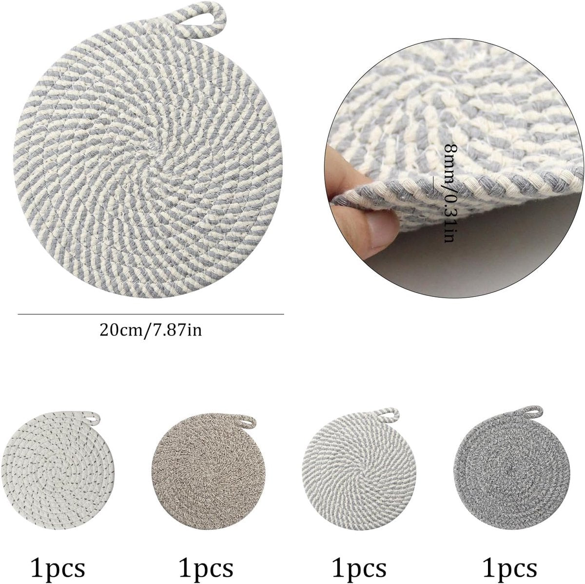 Set of 4 heat-resistant insulation mats - heat-resistant cotton mat - round placemat (20 cm) - suitable for kitchen bowls, pots, pans, and plates (4 colors)