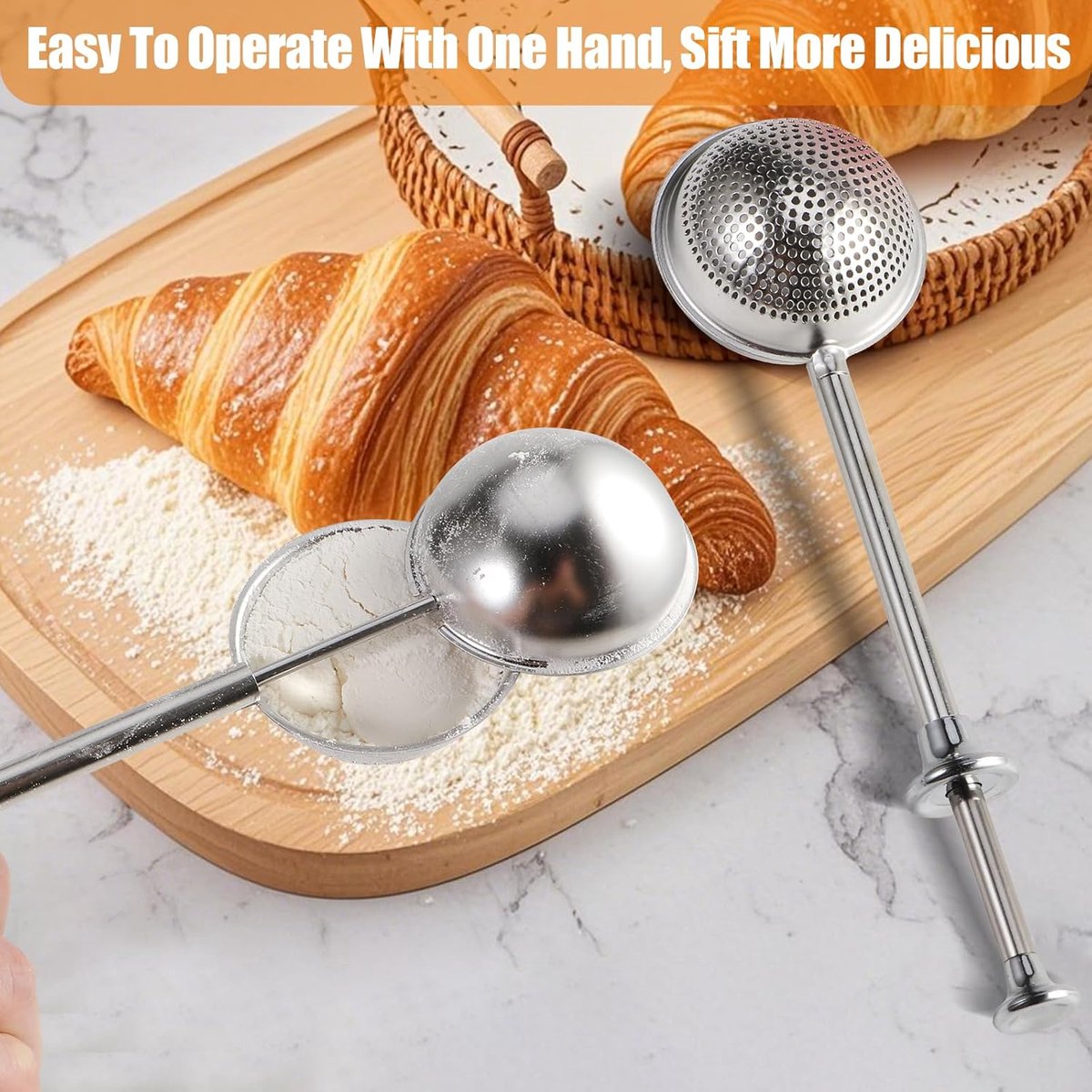 Flour Sieve - 304 Stainless Steel Fine Kitchen Sieve - Long-handled kitchen sieve - Handy Dusting Tool with Fine Mesh - Ideal for Powdered Sugar and Spices