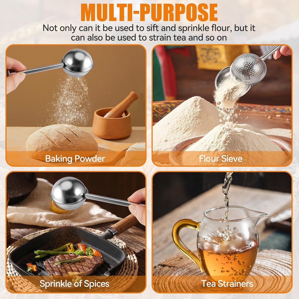 Flour Sieve - 304 Stainless Steel Fine Kitchen Sieve - Long-handled kitchen sieve - Handy Dusting Tool with Fine Mesh - Ideal for Powdered Sugar and Spices