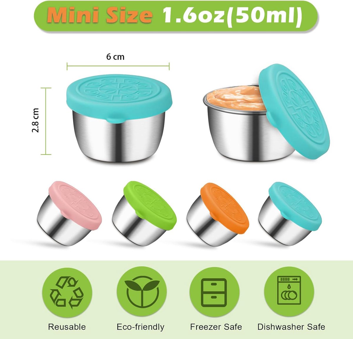 Mini Food Storage Containers - Stainless Steel Snack Box - To Go Set of 6 Dressing Jars 50ml - Sustainable Snack Boxes - Freezer Containers - Lunchbox Seal Cup - Silicone Storage Containers with Lids - Dressing Container - BPA Free - Leakproof - For Snack