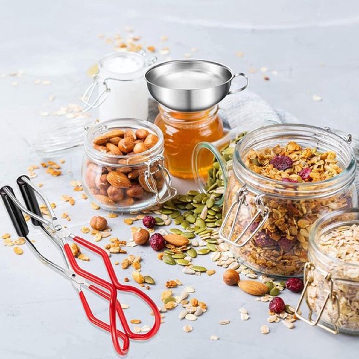Funnel Set - 4 Pieces - Stainless Steel - Kitchen Funnels - Metal Filling Funnel - Kitchen Funnel - Jam Funnel - Includes Can Clips - Liquid - Pouring - Dishwasher Safe - Kitchen Helper Tool - For Transferring Essential Oils, Liquids