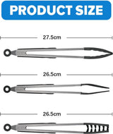 Meat Tongs - Set of 3 - Kitchen Tongs - Spaghetti Tongs - Pasta Tongs - Serving Tongs - Cooking Tongs - With Support Feet and Hanging Holes - Salad Tongs - Asparagus Tongs - BBQ Tongs - BBQ Accessories - Stainless Steel and Silicone - Kitchen Utensils - F