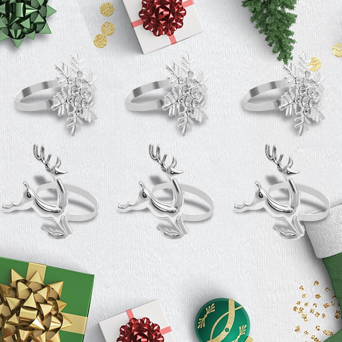 Napkin Rings for Christmas - 12 Pieces - Moose & Snowflakes - Silver Napkin Ring - Napkin Rings Table Decoration - Napkin Rings for Christmas, Thanksgiving, Wedding