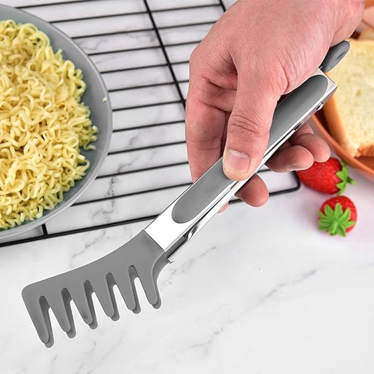 2x Spaghetti Tongs - Kitchen Tongs - Serving Tongs - BBQ Tongs - Stainless Steel and Silicone - Meat Tongs - Heat Resistant - Non-Stick - Barbecue Tongs - Spaghetti Tongs - Salad Tongs - Kitchen Utensils - Barbecue Accessory - 2 Different Shapes - Grey -