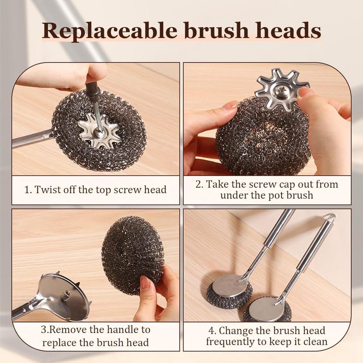 Dish Brush/ Steel Brush - Kitchen Brush - Cleaning Brush - Dishwashing Brush - Kitchen Steel Wool Pot Scrubber - For Dishes, Pots, Stoves, Sink - Detachable Brush - With 1 Replacement Head - Can Be Hung