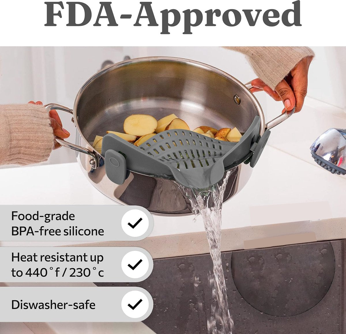 Silicone Colander - Kitchen Draining Lid - Draining Aid - Silicone - BPA Free - Safe Hands-Free Draining - Colander - Safe Draining - Solid Compact Kitchen Draining Lid - Draining Lid - Grey - Dishwasher Safe - For All Sizes of Pans