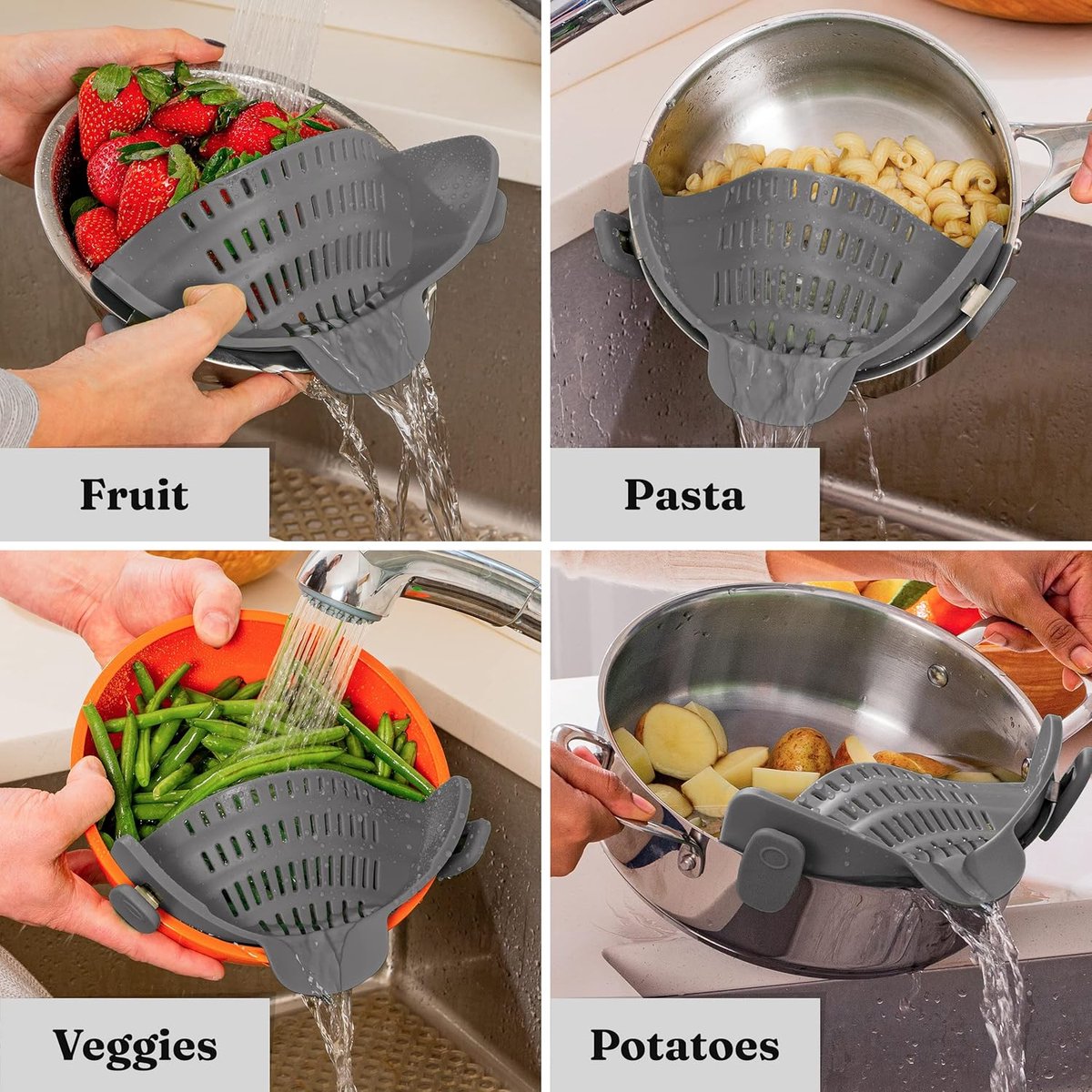Silicone Colander - Kitchen Draining Lid - Draining Aid - Silicone - BPA Free - Safe Hands-Free Draining - Colander - Safe Draining - Solid Compact Kitchen Draining Lid - Draining Lid - Grey - Dishwasher Safe - For All Sizes of Pans