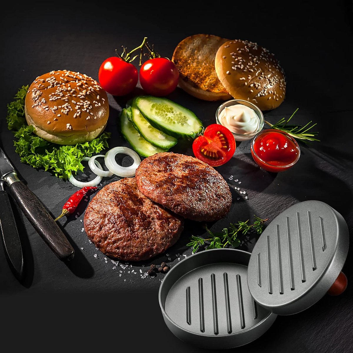 Hamburger Press - Stainless Steel - Hamburger Maker - Burger Press - Burger Press - Hamburger Presses - Hamburger Shaper - Burger Meat Press - Includes 100 Sheets of Wax Paper - Dishwasher Safe - BBQ Accessories - BBQ Tools