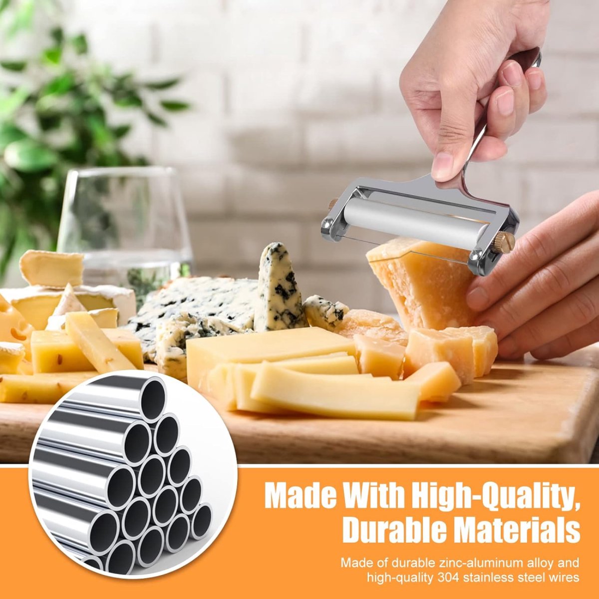 Cheese Slicer - Cheese Slicer for Young Cheese - Stainless Steel - Dishwasher Safe - Includes 1 Extra Cutting Wire - Adjustable Thickness - For Hard Cheese - Gift Ideas - Kitchen Accessories - High Quality! !