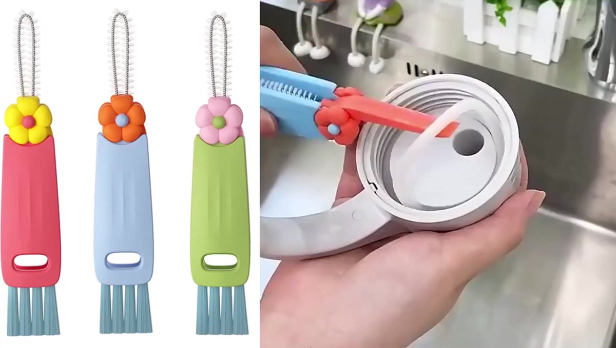 Gap Cleaner - 3 In 1 Cup Lid Cleaning Brush - 3 Pieces - Crevice Brush - Scrubbing Brush - Cleaning Tools - Cleaning Brush For Door Window Rails - For Bottle Crevices, Tight Spaces, Cup - Rotating Kitchen Cleaning Brush - Cup Lid Cleaner