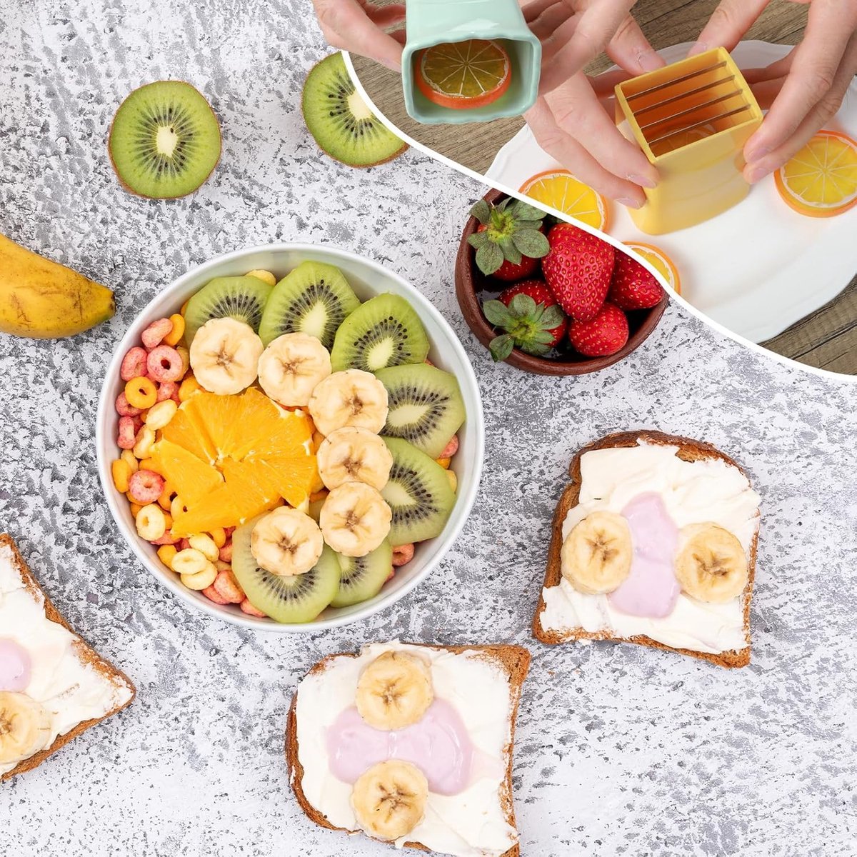 Fruit Knives - 2 Pieces - Fruit Slicer - Strawberry Slicer - Banana Slicer - Kitchen Gadget - Kitchen Accessories - Portable - Multifunctional - Ergonomic - Sharp - For Egg/Mushroom/Kiwis/Tomato/Lemon/Strawberry/Bananas - Yellow and Green