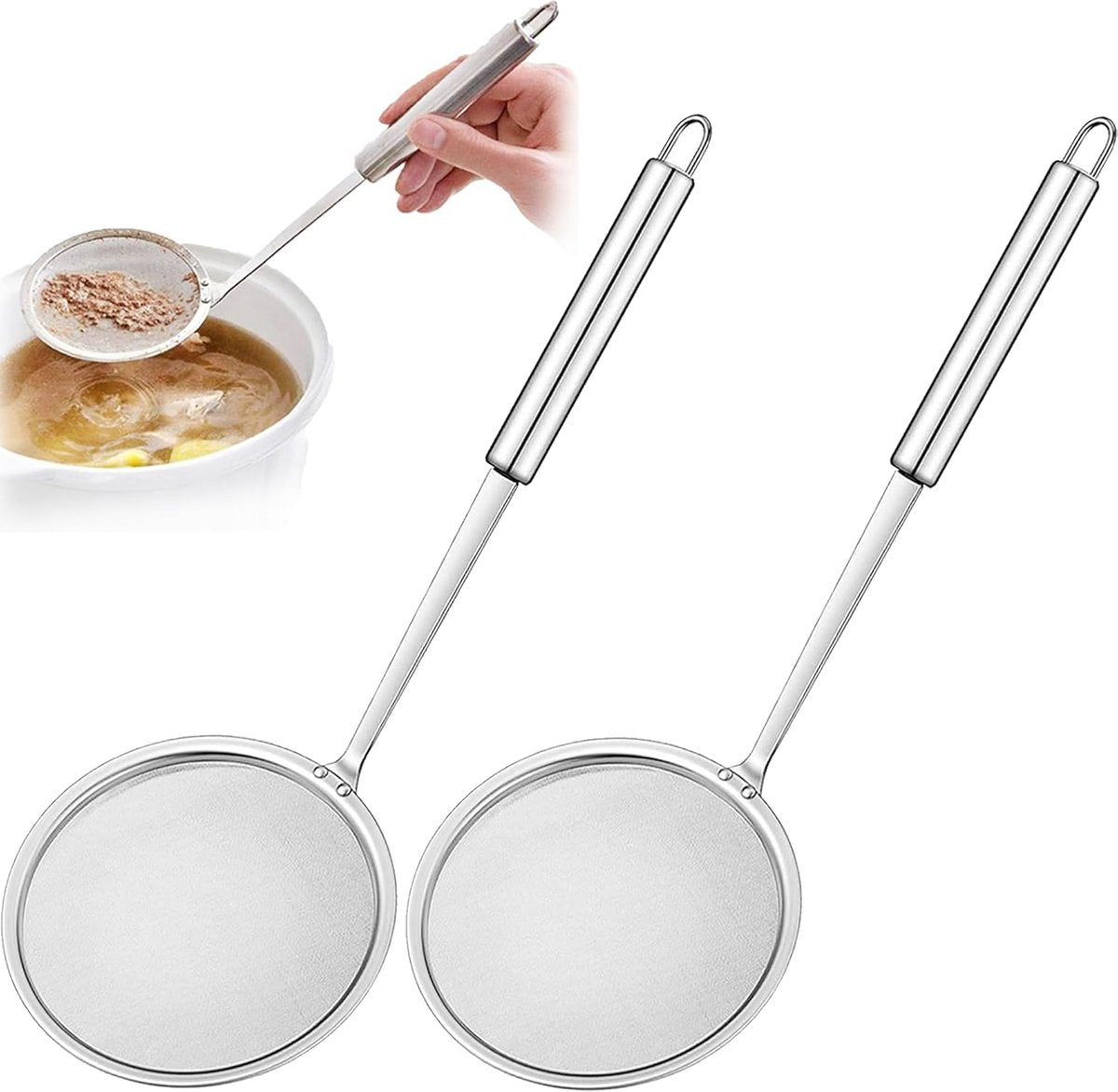 Skimmer - 2 Pieces - Deep-frying Spoon - Deep-frying Scoop - Food Sieve - Skimmer Spoon - Colander Spoon - Draining Potatoes/Vegetables/Pasta - Cooking Supplies - Kitchen Tools - Skimmer Spoon - Sieve - Colander - Hanging - With Handle - ø12 Cm - Stainles
