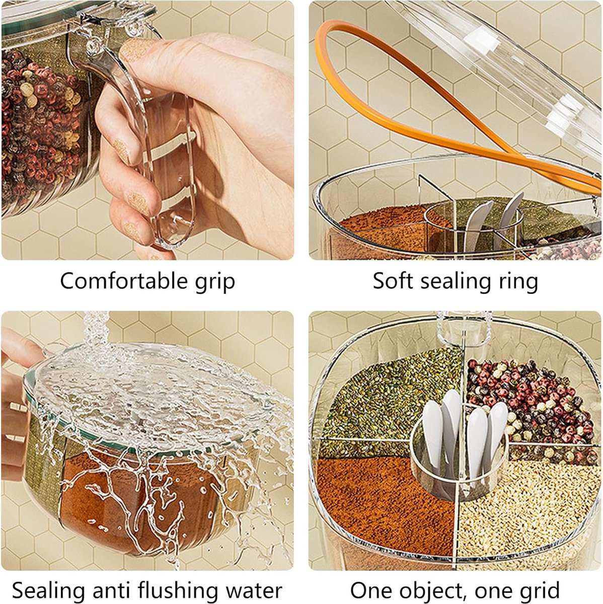 Spice Jars - Divided Spice Jar - Divided Spice Container - 4 Grids Transparent Spice Container - For Kitchen Cabinet Pantry Refrigerator - With 4 Spice Spoons