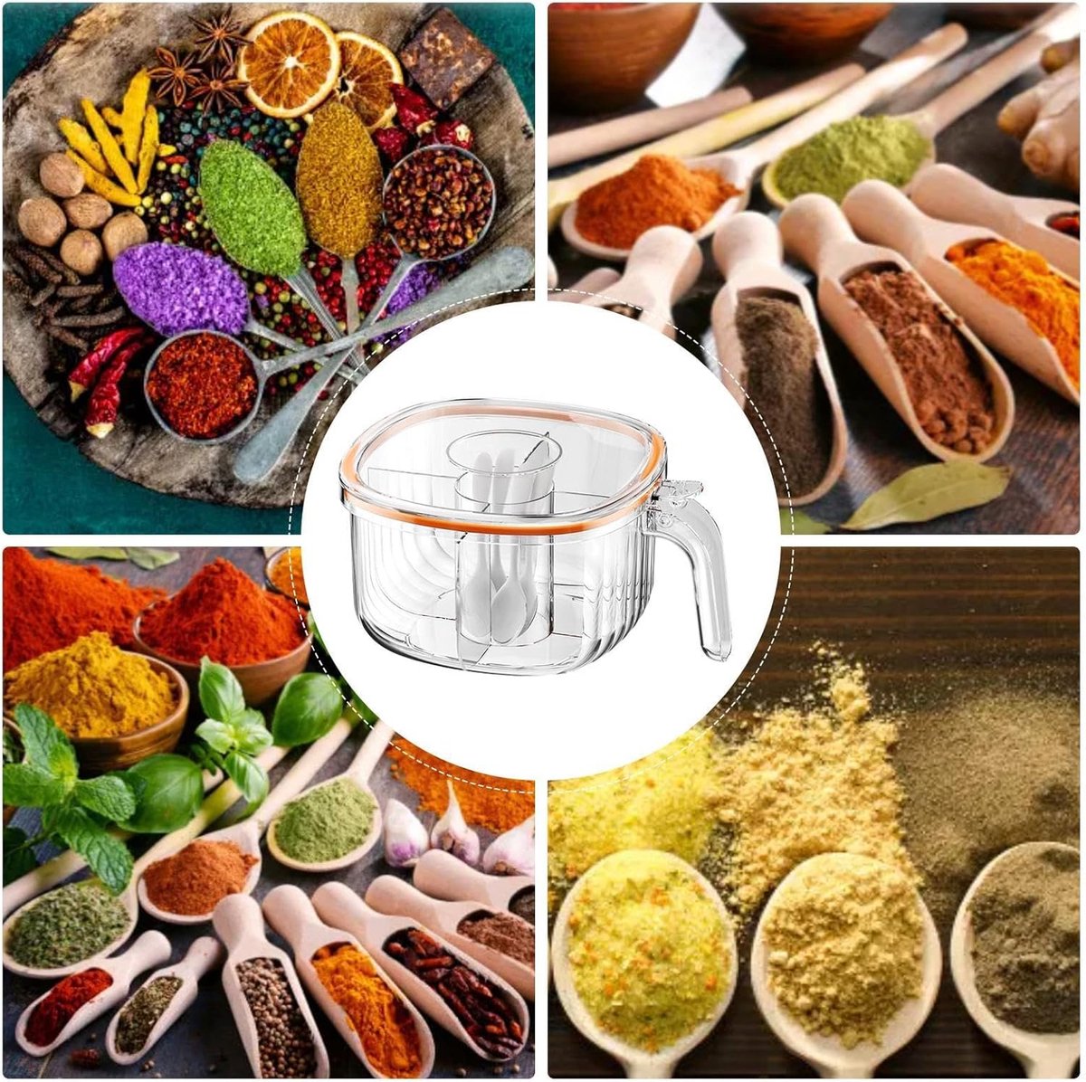 Spice Jars - Divided Spice Jar - Divided Spice Container - 4 Grids Transparent Spice Container - For Kitchen Cabinet Pantry Refrigerator - With 4 Spice Spoons