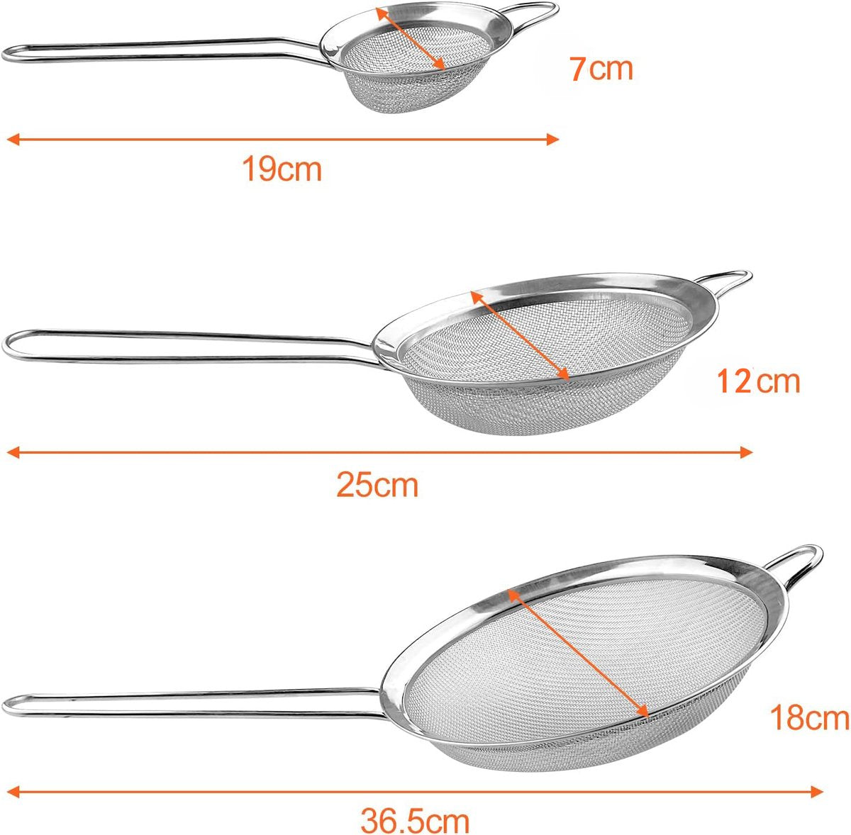 Premium Stainless Steel Sieve Set - 3-Piece Colander - Kitchen Sieve - Small Sieves - Sieve Set - Bowl Sieve - Mini Sieves - Premium Fine Set - Dishwasher Safe - Ø 7, 12 and 18 cm - Sturdy & Durable