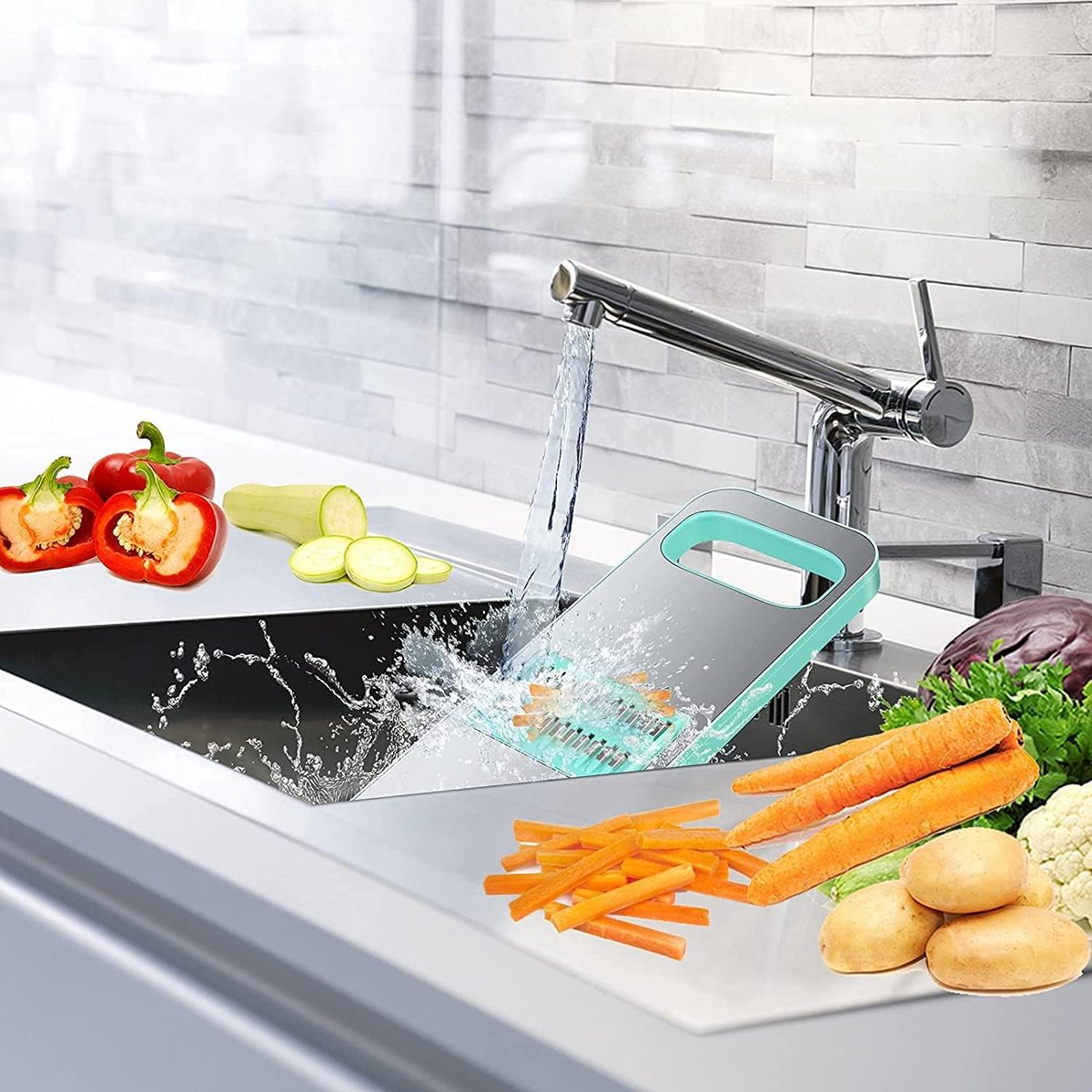 Vegetable Slicer - 8-Piece - Vegetable Chopper - Kitchen Slicer - All-purpose Slicer - Onion Slicer - Grater - Plastic - Manual - Easy to Clean - Effective - Time-Saving - Simple - Multifunctional - Blue