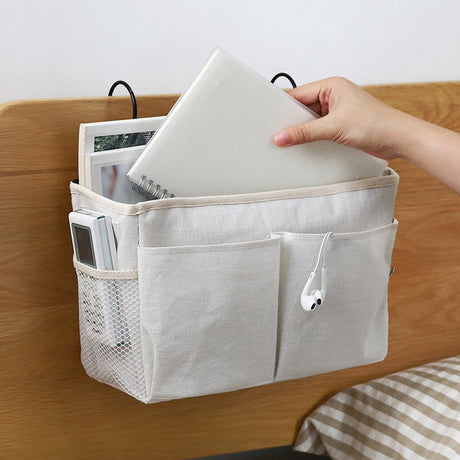 Bedside Pocket - Bed Organizer With Frame - Bed Storage Bag - Cotton - Bed Storage Bag - Bedside Table - Bedside Organizer - Bedside Pocket Storage Bag - White - For Bed Or Sofa - Hanging Model - With Multiple Compartments And Hooks - Very Practical And D