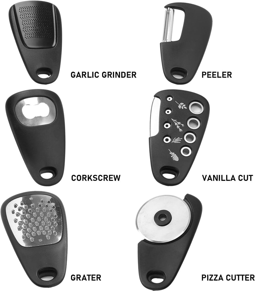 6-piece - kitchen tool set - Multifunctional kitchen tool - portable carabiner - fruit and vegetable peeler - cheese cutter - bottle opener - garlic press - ginger grinder - pizza cutter - cookware - cooking - baking