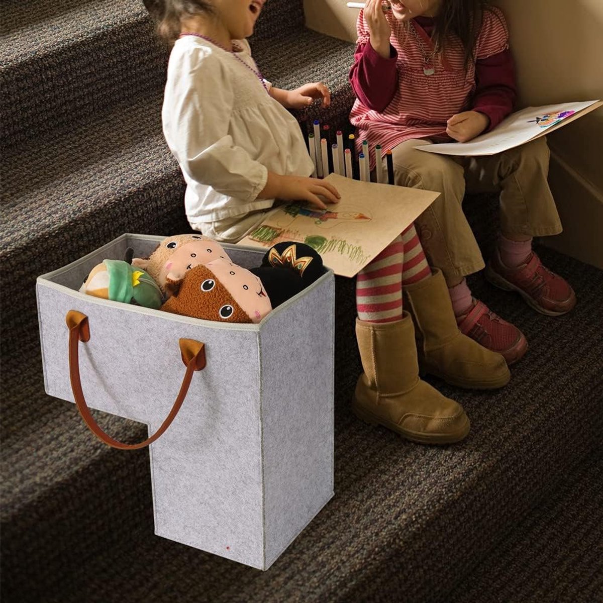 Stair Organizer Basket - Stair Basket - L-shaped foldable stair basket - Storage Bag - Felt Stair Basket - Laundry Basket - Toy Basket - Household Items - for Laundry, Toys - 42*42*25.5 cm - Light Grey