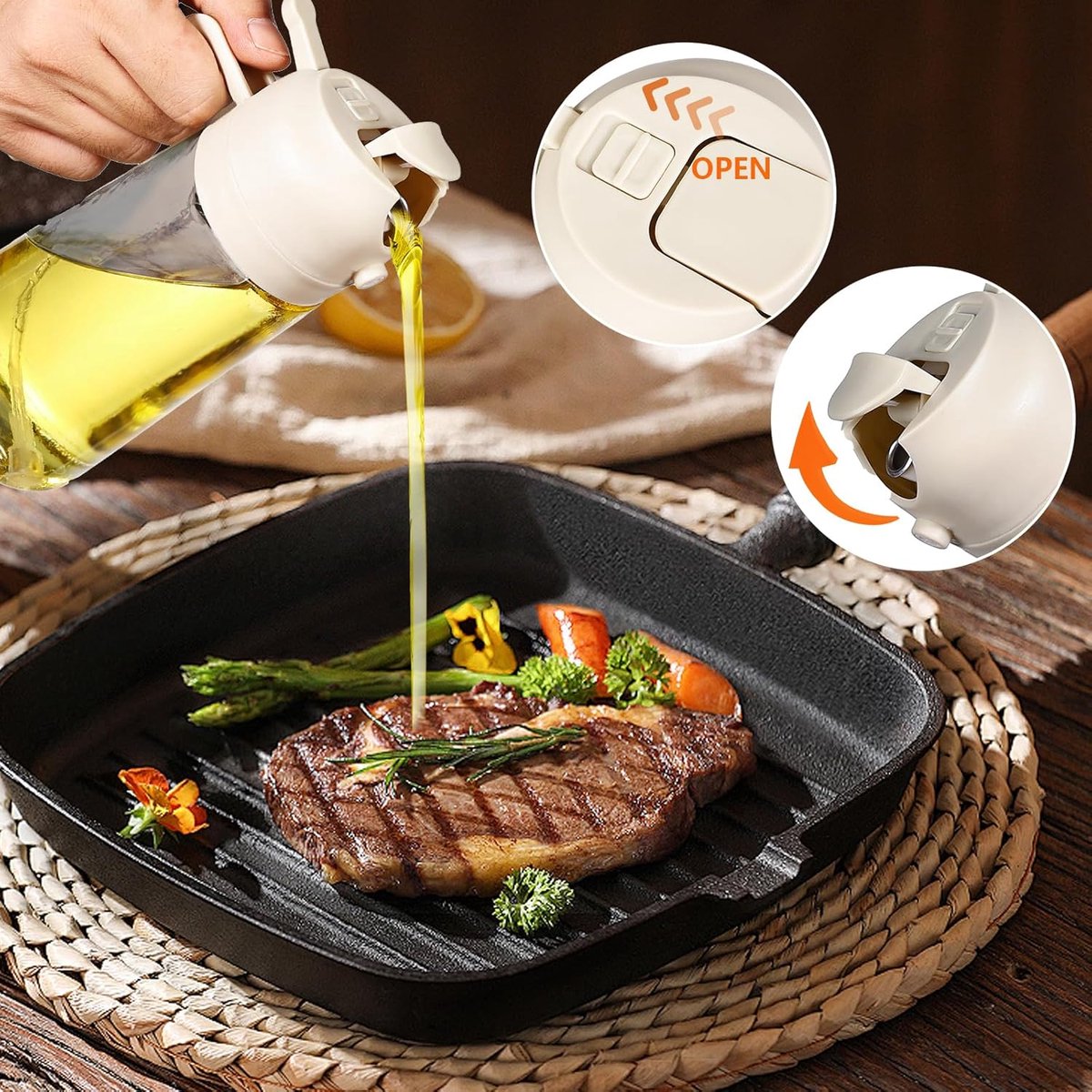 2-in-1 - Oil spray bottle - olive oil dispenser bottle - 470 ml - Olive oil sprayer - oil container - oil bottle - oil spray bottle - oil dispenser - oil atomizer - glass oil spray - kitchen utensil - spray and pour - for kitchen, BBQ, barbecue - white