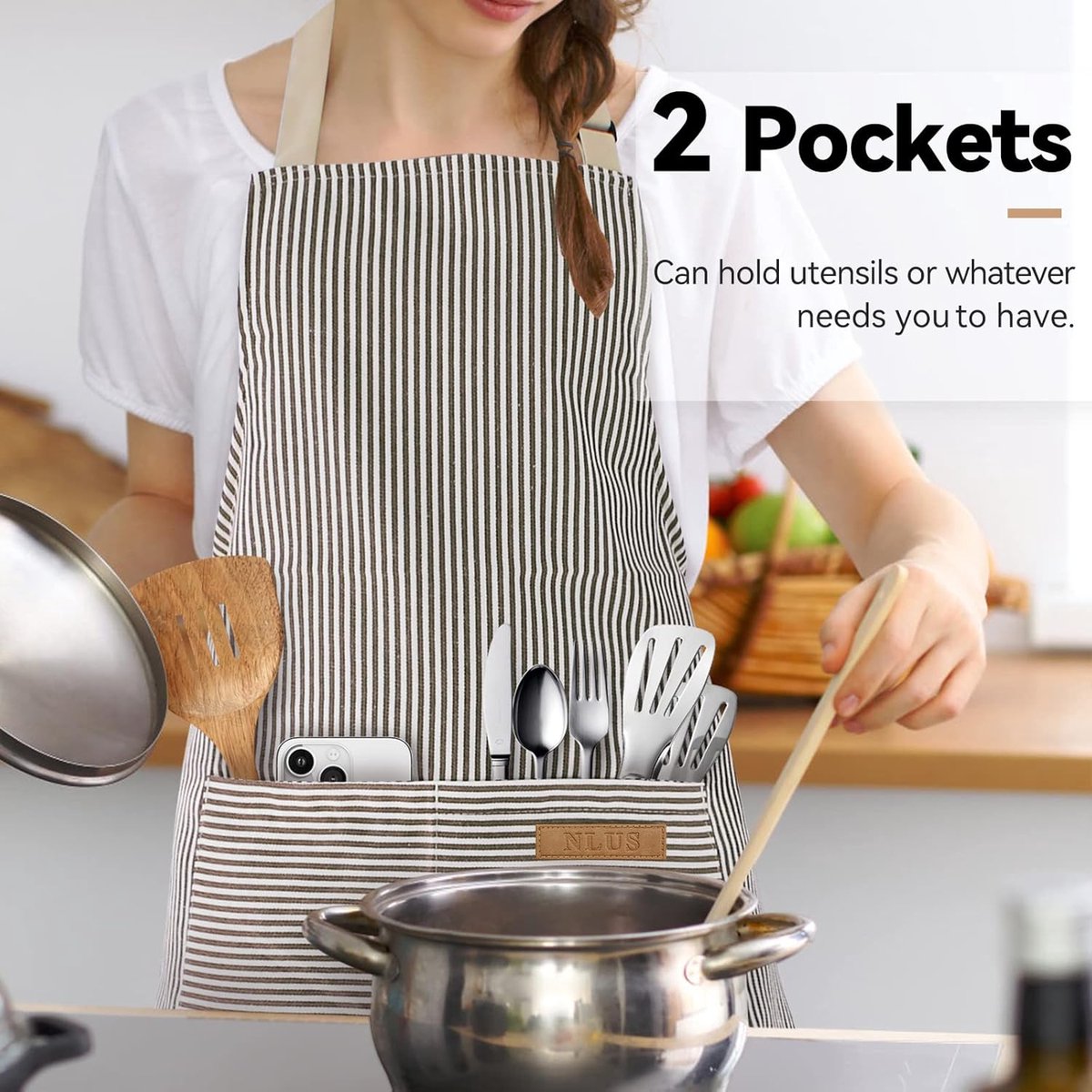 Kitchen Apron - 2 Pieces - Professional Cooking Apron - for Ladies and Gentlemen - Catering Apron - Easily Adjustable - BBQ Apron - Pottery Apron - Cooking Kitchen Aprons - kitchen cooking aprons - soft chef apron with 2 pockets - black/brown stripes