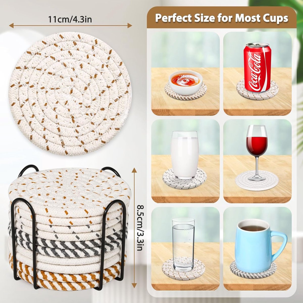 Set of 10 Round Coasters with Stand - Coaster Set - Thermal Insulation - Non-Slip Braided Cotton Coasters - Coasters for Glasses - for Glasses - For Drinks, Bar, Cups, Table Coasters
