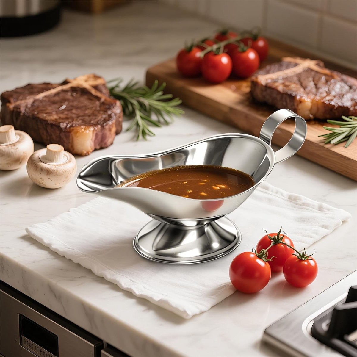 Gravy boat - 1 piece - Sauce boat - Sauciere - Dipping bowls - stainless steel sauce boat - with pouring spout and handle - serving dish - kitchen utensil - for salad dressings, coffee, milk, broth and black pepper - 14*6*5.3 cm - silver