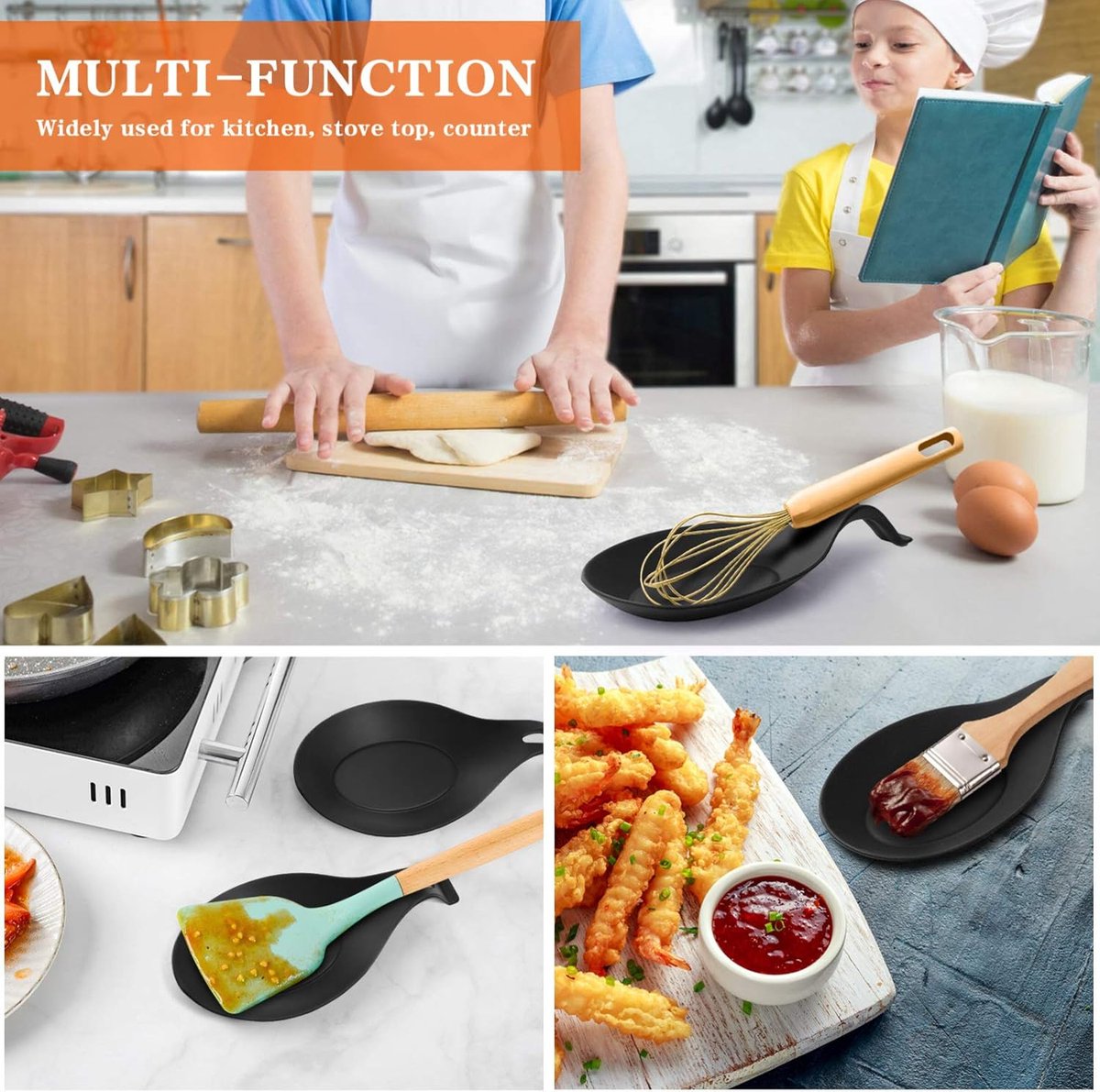 2 pieces - Spoon holder - Spoon rest - Spoon mat - Kitchen spoon holder - Kitchen utensil holder - Kitchen utensils - multifunctional spoon holder - for storing spatulas, ladles and cutlery - for kitchen, home, dining room - 20*10 cm - black
