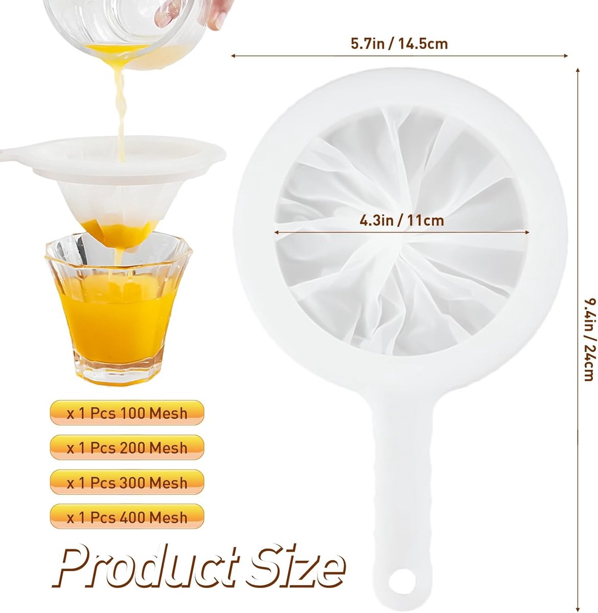 4 pieces - Filter screen - nylon fine sieve with handle - 100/200/300/400 mesh - food filter - fine mesh filter - plastic kitchen sieve - fine mesh sieve - for filtering juice, milk, wine, coffee - white - 14.5*24 cm