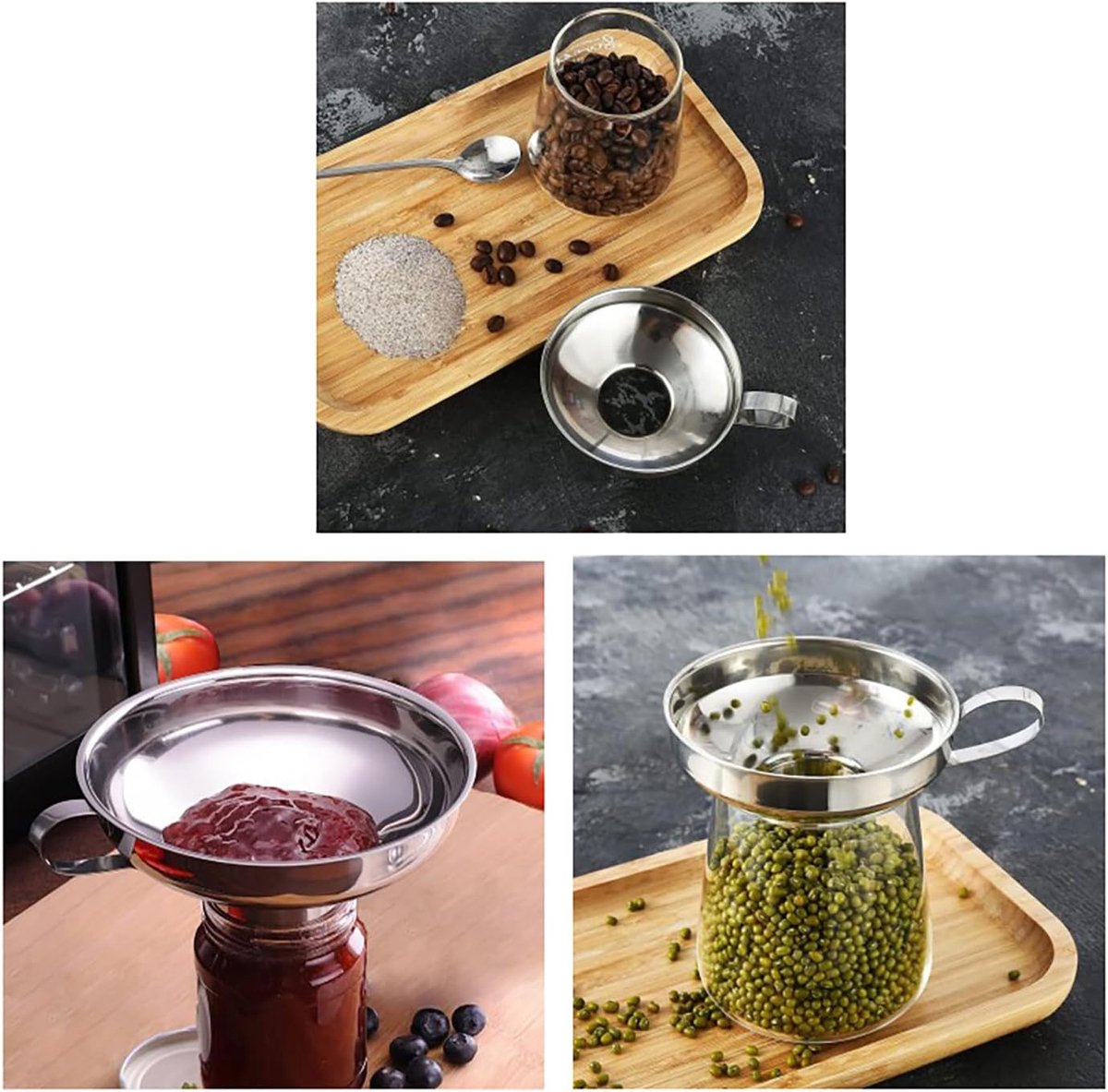 2 pieces - funnel - 12.5*10.5*4.3 cm and 17*15*5.8 cm - stainless steel funnel with wide mouth - for transferring liquids in the kitchen - for canning and bottling - Versatile - easy to store - kitchen utensils - silver