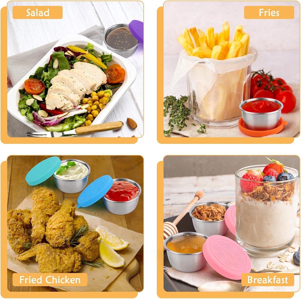 Mini Food Storage Containers - Stainless Steel Snack Box - Set of 12 Dressing Jars - Small Stainless Steel Sauce Container - Durable Snack Boxes - Freezer Containers - Dressing Container - Sauce Cups - 50ML Dressing Container With Silicone Lids - for Sala