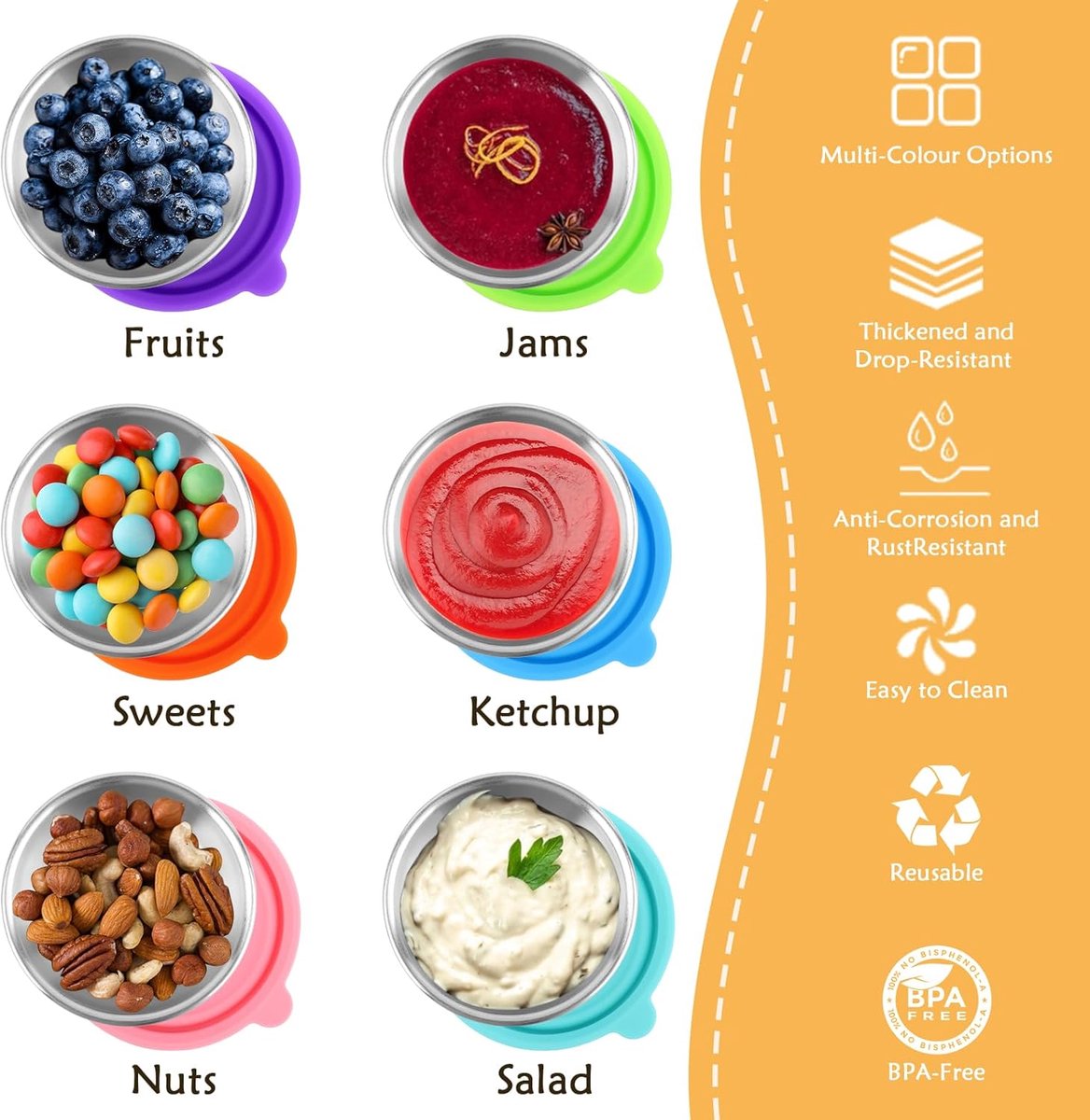 Mini Food Storage Containers - Stainless Steel Snack Box - Set of 12 Dressing Jars - Small Stainless Steel Sauce Container - Durable Snack Boxes - Freezer Containers - Dressing Container - Sauce Cups - 50ML Dressing Container With Silicone Lids - for Sala