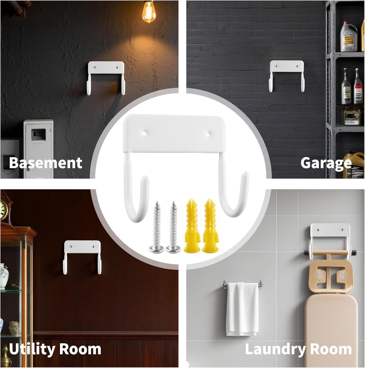 Ironing board holder - Ironing board hanging system - Hook for ironing board - Wall-mounted ironing board holder - Ironing board organizer - Hook - Storage hooks - wall hooks - tool hooks - for laundry rooms, garages and storage rooms - 12*11*6 cm - white