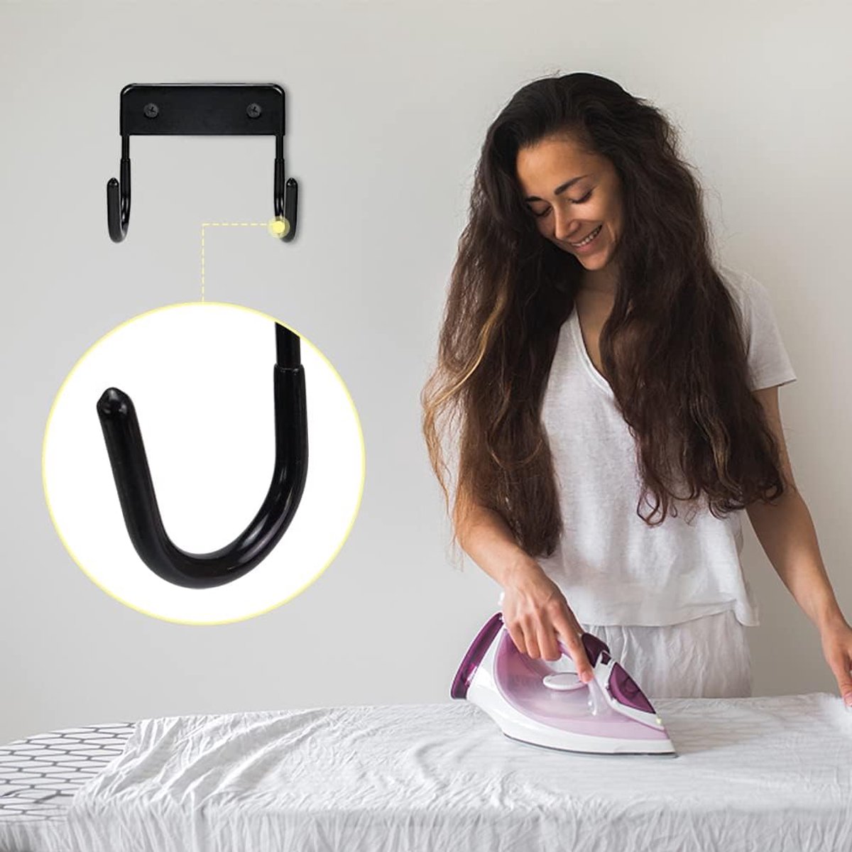 Ironing board holder - Ironing board hanging system - Hook for ironing board - Wall-mounted ironing board holder - Ironing board organizer - Hook - Storage hooks - wall hooks - tool hooks - for laundry rooms, garages and storage rooms - 12*11*6 cm - black