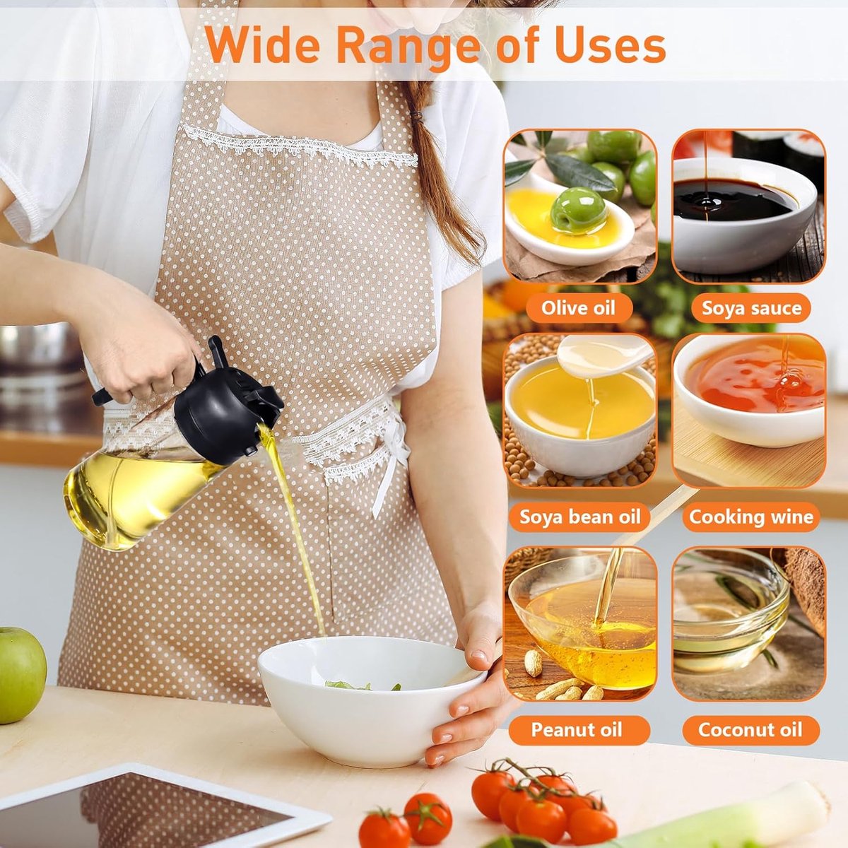 2-in-1 - Oil spray bottle - olive oil dispenser bottle - 470 ml - Olive oil sprayer - oil container - oil bottle - oil spray bottle - oil dispenser - oil atomizer - glass oil spray - kitchen utensil - spray and pour - for kitchen, BBQ, barbecue - black