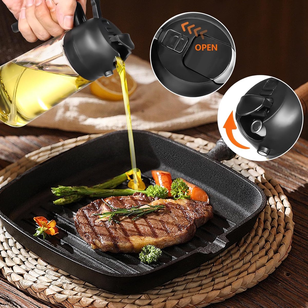2-in-1 - Oil spray bottle - olive oil dispenser bottle - 470 ml - Olive oil sprayer - oil container - oil bottle - oil spray bottle - oil dispenser - oil atomizer - glass oil spray - kitchen utensil - spray and pour - for kitchen, BBQ, barbecue - black