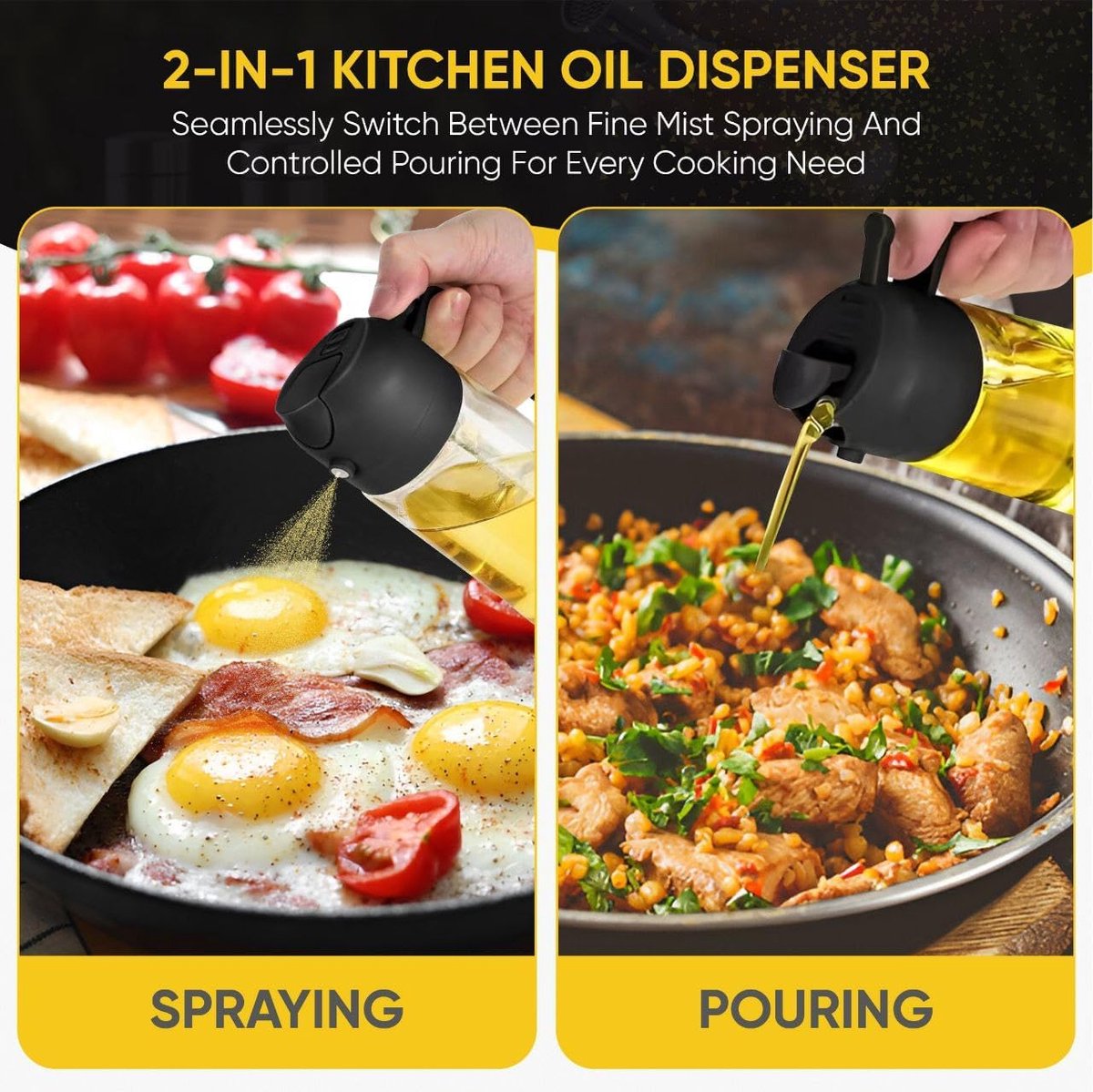 2-in-1 - Oil spray bottle - olive oil dispenser bottle - 470 ml - Olive oil sprayer - oil container - oil bottle - oil spray bottle - oil dispenser - oil atomizer - glass oil spray - kitchen utensil - spray and pour - for kitchen, BBQ, barbecue - black
