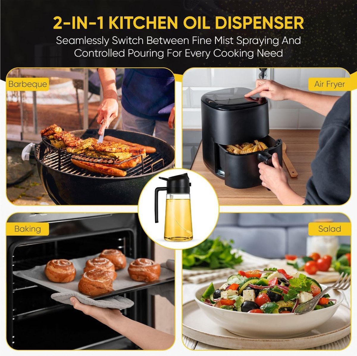 2-in-1 - Oil spray bottle - olive oil dispenser bottle - 470 ml - Olive oil sprayer - oil container - oil bottle - oil spray bottle - oil dispenser - oil atomizer - glass oil spray - kitchen utensil - spray and pour - for kitchen, BBQ, barbecue - black